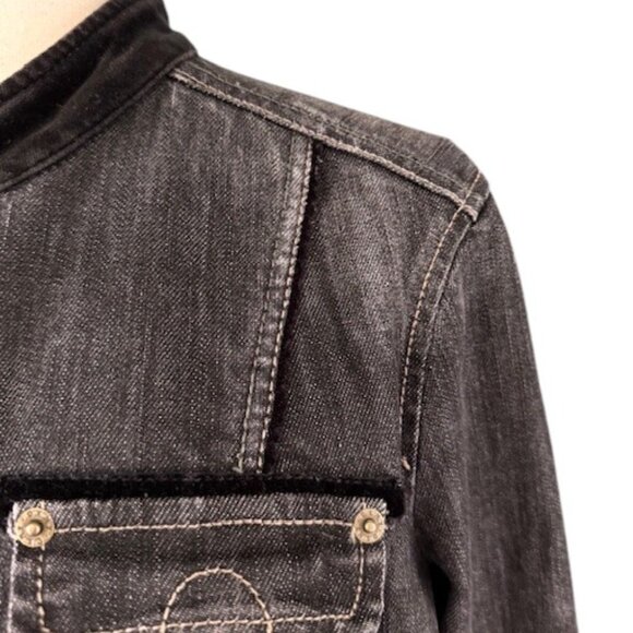 DKNY Jeans Women's Black Cropped Denim Military Style Jacket Stretch Faded L EUC - Picture 4 of 16